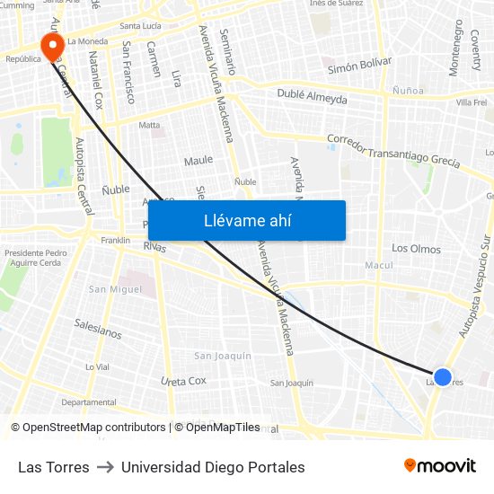 Las Torres to Universidad Diego Portales map