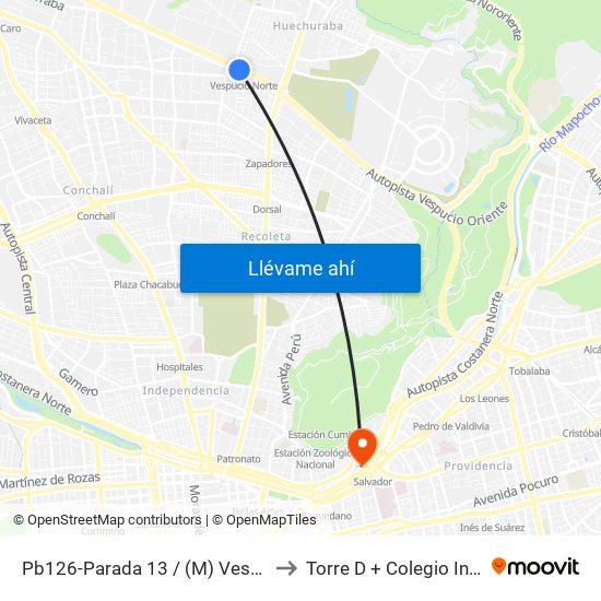 Pb126-Parada 13 / (M) Vespucio Norte to Torre D + Colegio Ingenieros map