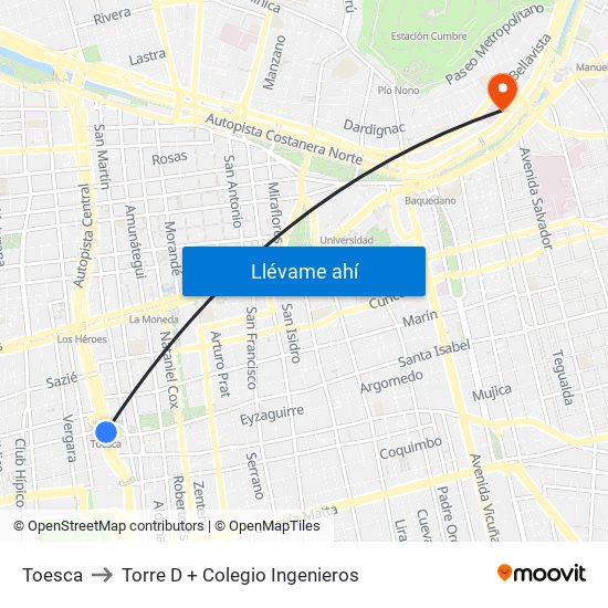 Toesca to Torre D + Colegio Ingenieros map