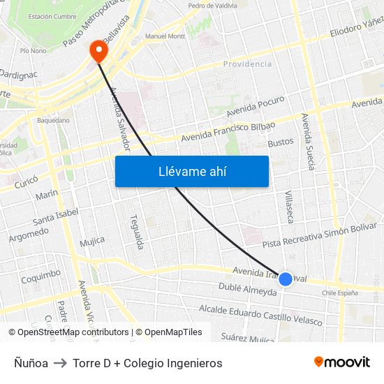 Ñuñoa to Torre D + Colegio Ingenieros map