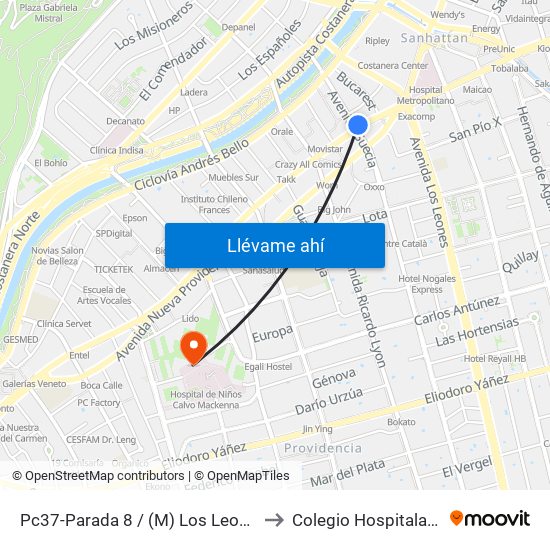 Pc37-Parada 8 / (M) Los Leones to Colegio Hospitalario map