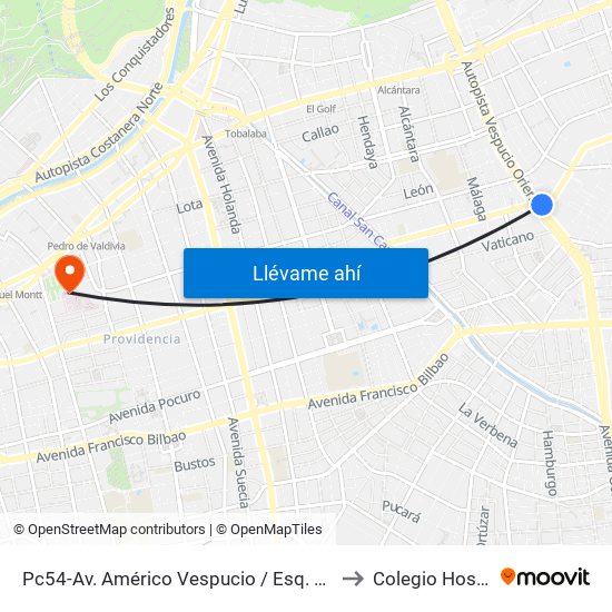 Pc54-Av. Américo Vespucio / Esq. Av. Cristóbal Colón to Colegio Hospitalario map