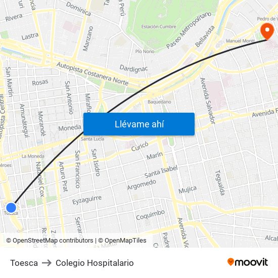 Toesca to Colegio Hospitalario map