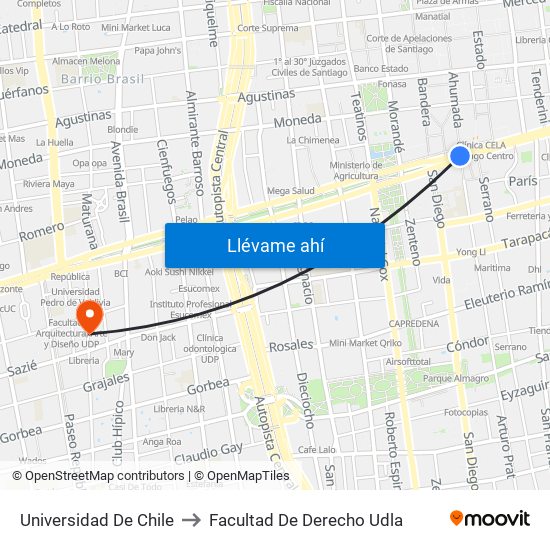 Universidad De Chile to Facultad De Derecho Udla map