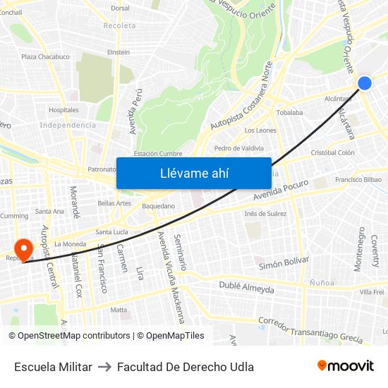 Escuela Militar to Facultad De Derecho Udla map