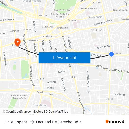 Chile-España to Facultad De Derecho Udla map