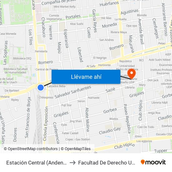 Estación Central (Anden1) to Facultad De Derecho Udla map