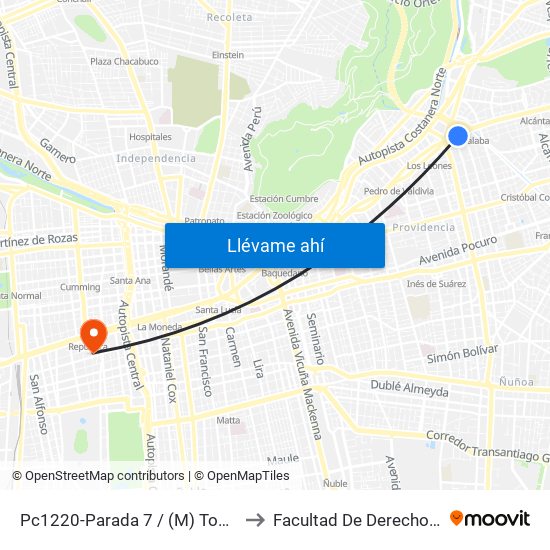 Pc1220-Parada 7 / (M) Tobalaba to Facultad De Derecho Udla map