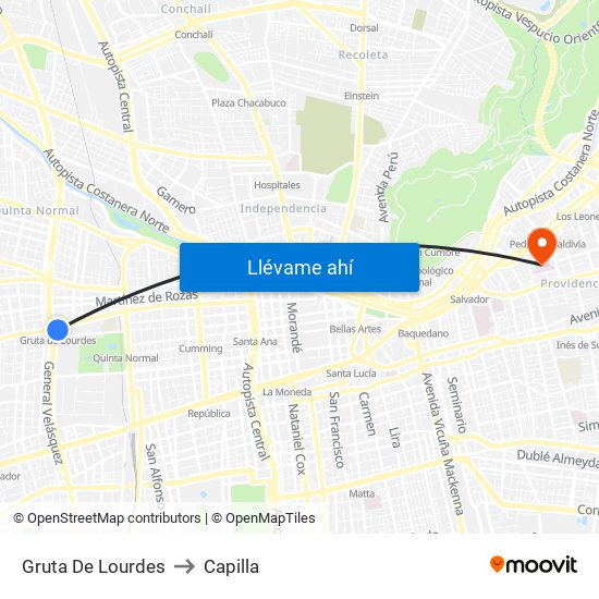 Gruta De Lourdes to Capilla map