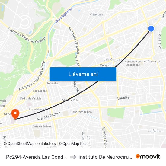 Pc294-Avenida Las Condes / Esq. Av. Padre H. Central to Instituto De Neurocirugía Doctor Alfonso Asenjo map