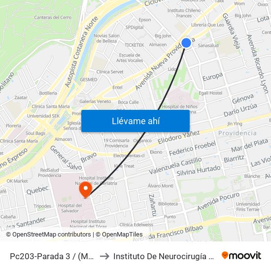 Pc203-Parada 3 / (M) Pedro De Valdivia to Instituto De Neurocirugía Doctor Alfonso Asenjo map