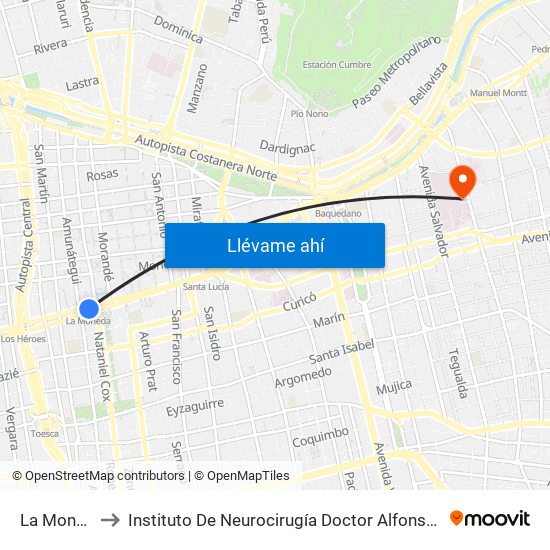 La Moneda to Instituto De Neurocirugía Doctor Alfonso Asenjo map