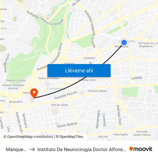 Manquehue to Instituto De Neurocirugía Doctor Alfonso Asenjo map