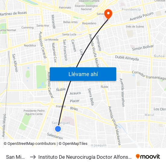 San Miguel to Instituto De Neurocirugía Doctor Alfonso Asenjo map