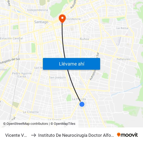 Vicente Valdés to Instituto De Neurocirugía Doctor Alfonso Asenjo map