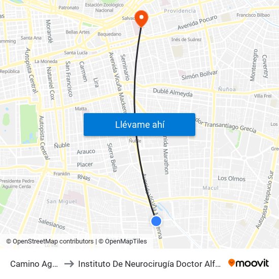 Camino Agrícola to Instituto De Neurocirugía Doctor Alfonso Asenjo map