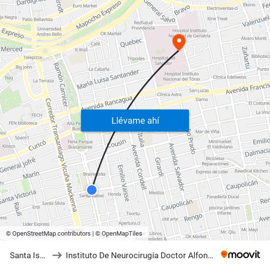 Santa Isabel to Instituto De Neurocirugía Doctor Alfonso Asenjo map