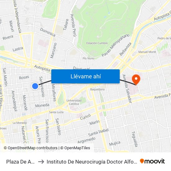 Plaza De Armas to Instituto De Neurocirugía Doctor Alfonso Asenjo map