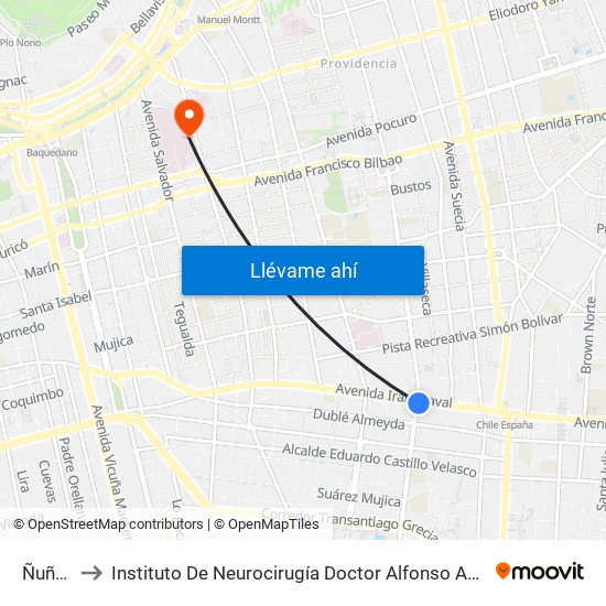 Ñuñoa to Instituto De Neurocirugía Doctor Alfonso Asenjo map