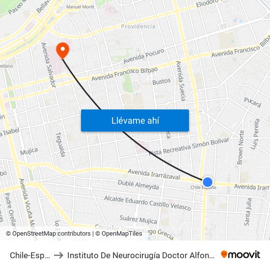 Chile-España to Instituto De Neurocirugía Doctor Alfonso Asenjo map