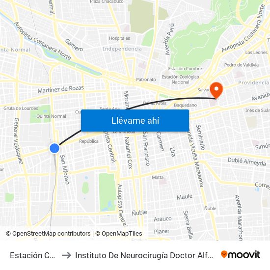 Estación Central to Instituto De Neurocirugía Doctor Alfonso Asenjo map