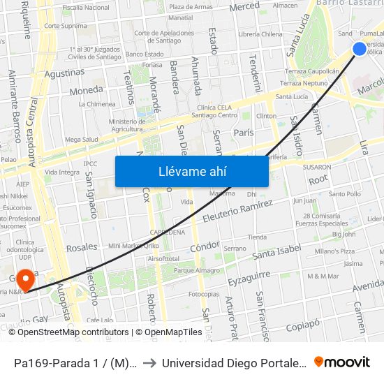 Pa169-Parada 1 / (M) Universidad Católica to Universidad Diego Portales - Facultad De Ingeniería map