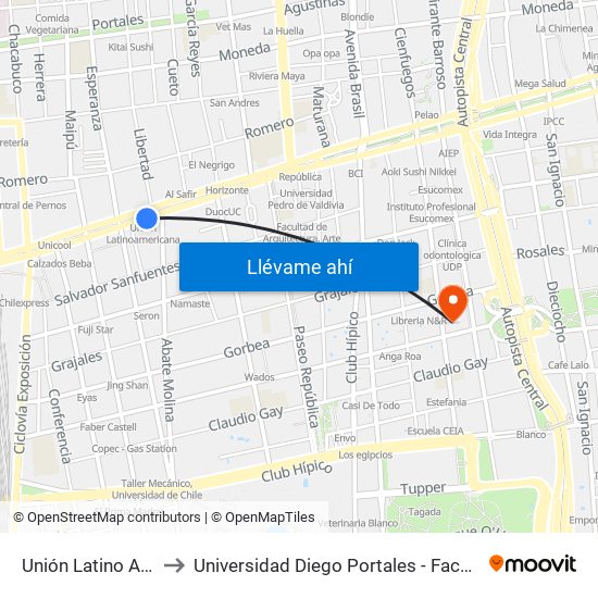 Unión Latino Americana to Universidad Diego Portales - Facultad De Ingeniería map