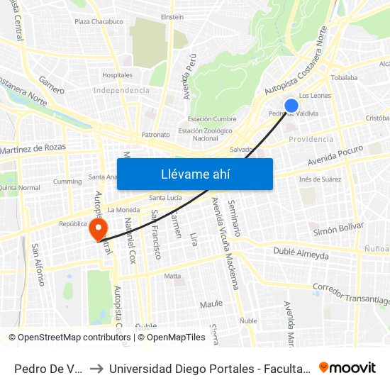 Pedro De Valdivia to Universidad Diego Portales - Facultad De Ingeniería map