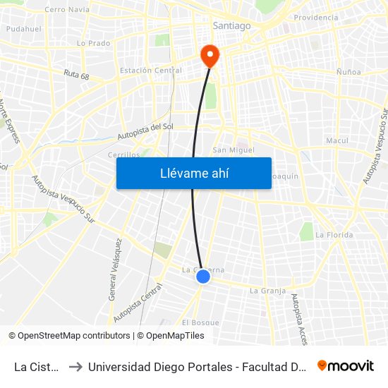 La Cisterna to Universidad Diego Portales - Facultad De Ingeniería map