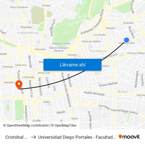 Cristóbal Colón to Universidad Diego Portales - Facultad De Ingeniería map