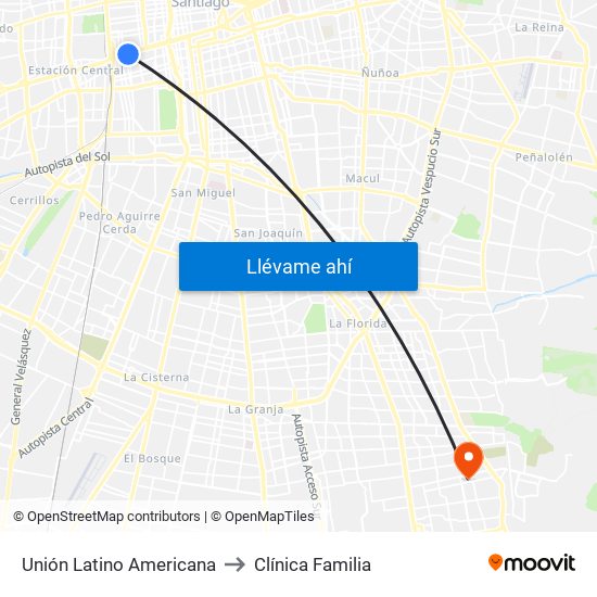 Unión Latino Americana to Clínica Familia map