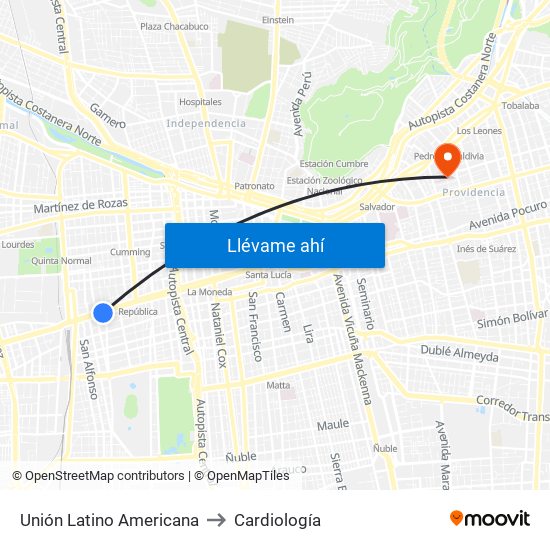 Unión Latino Americana to Cardiología map