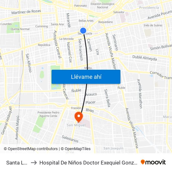 Santa Lucía to Hospital De Niños Doctor Exequiel González Cortés map