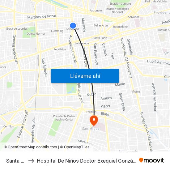 Santa Ana to Hospital De Niños Doctor Exequiel González Cortés map