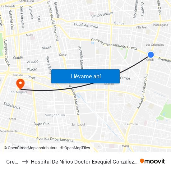 Grecia to Hospital De Niños Doctor Exequiel González Cortés map