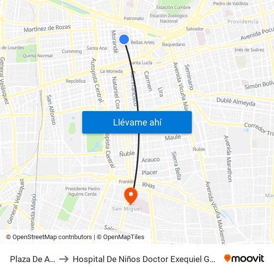 Plaza De Armas to Hospital De Niños Doctor Exequiel González Cortés map