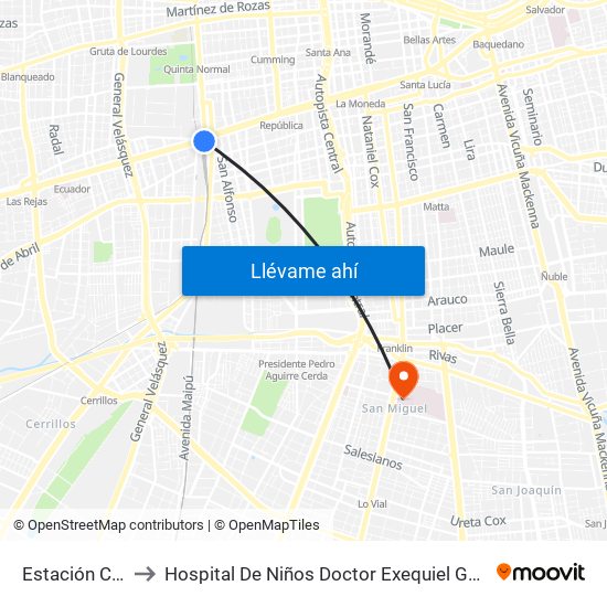 Estación Central to Hospital De Niños Doctor Exequiel González Cortés map