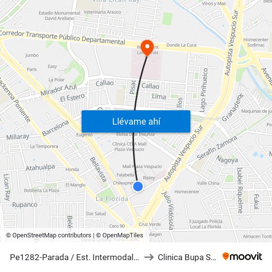 Pe1282-Parada / Est. Intermodal De La Florida to Clinica Bupa Santiago map