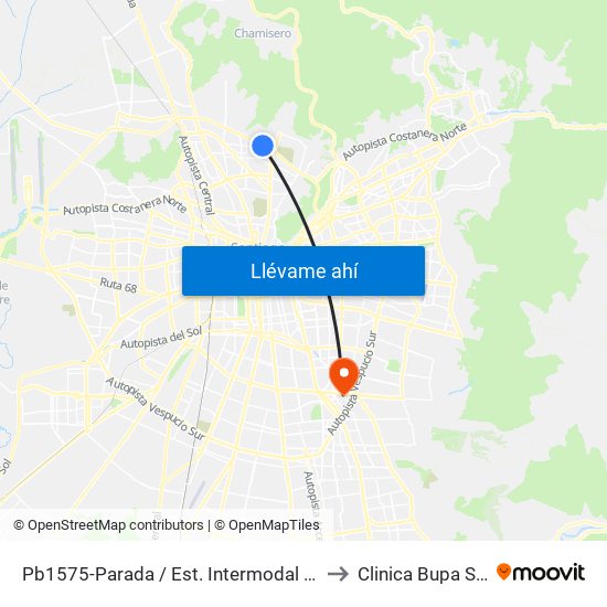 Pb1575-Parada / Est. Intermodal Vespucio Norte to Clinica Bupa Santiago map