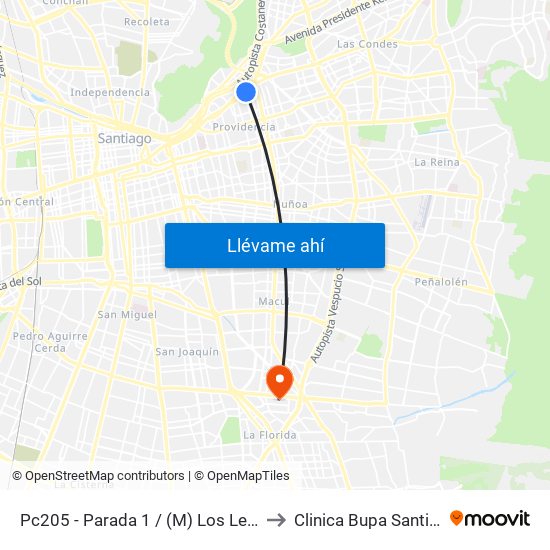 Pc205 - Parada 1 / (M) Los Leones to Clinica Bupa Santiago map