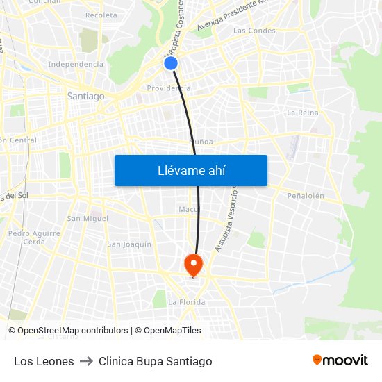 Los Leones to Clinica Bupa Santiago map