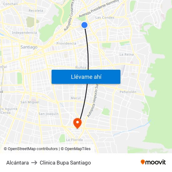Alcántara to Clinica Bupa Santiago map