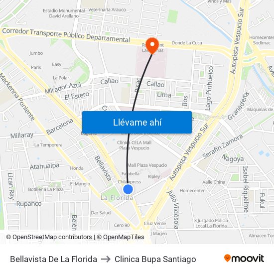 Bellavista De La Florida to Clinica Bupa Santiago map