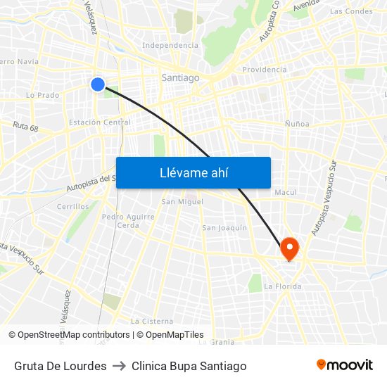Gruta De Lourdes to Clinica Bupa Santiago map