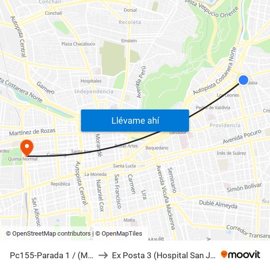 Pc155-Parada 1 / (M) Tobalaba to Ex Posta 3 (Hospital San Juan De Dios) map