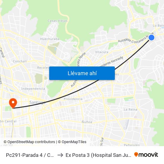 Pc291-Parada 4 / Cantagallo to Ex Posta 3 (Hospital San Juan De Dios) map