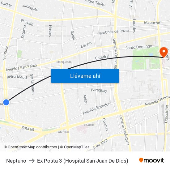 Neptuno to Ex Posta 3 (Hospital San Juan De Dios) map