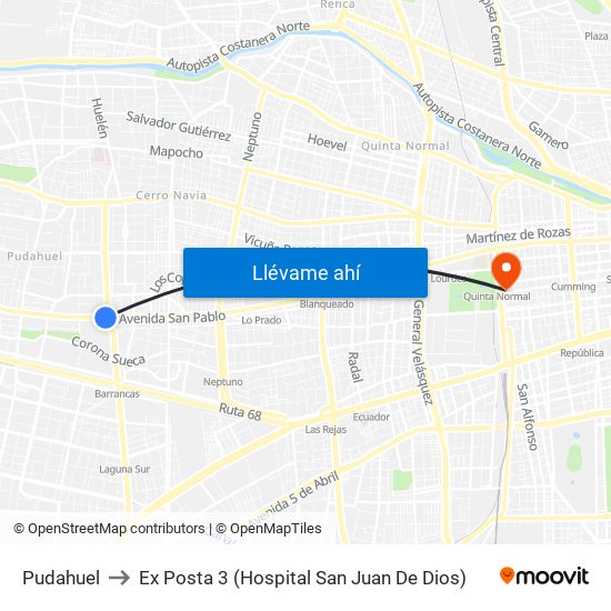 Pudahuel to Ex Posta 3 (Hospital San Juan De Dios) map