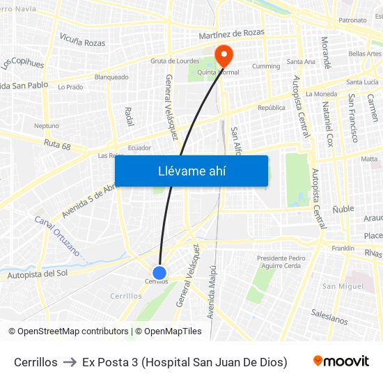 Cerrillos to Ex Posta 3 (Hospital San Juan De Dios) map