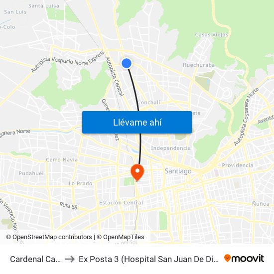 Cardenal Caro to Ex Posta 3 (Hospital San Juan De Dios) map